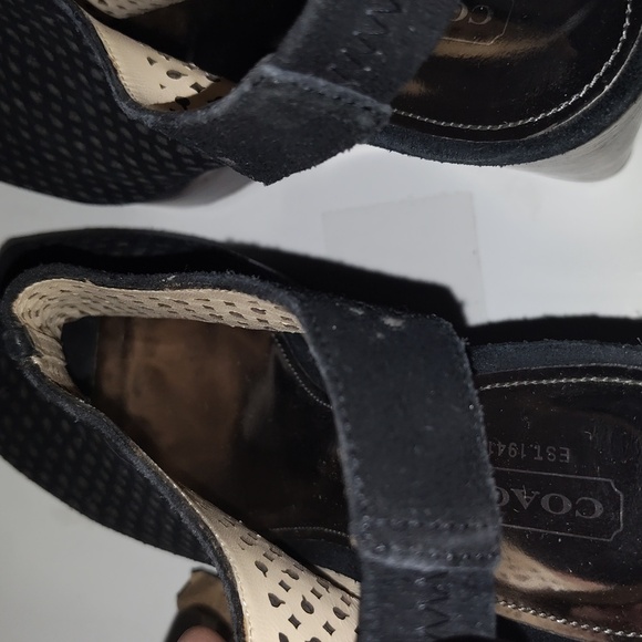 Coach Black suede open toe laser designed 8 1/2 wedge chasity - Picture 10 of 11